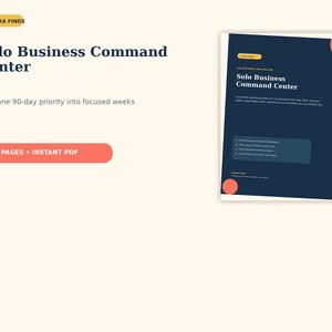 May include: A digital document titled Solo Business Command Center with 37 pages in PDF format. The cover features a dark blue background with white text, including the phrase Turn one 90-day priority into focused weeks and Aurora Finds.