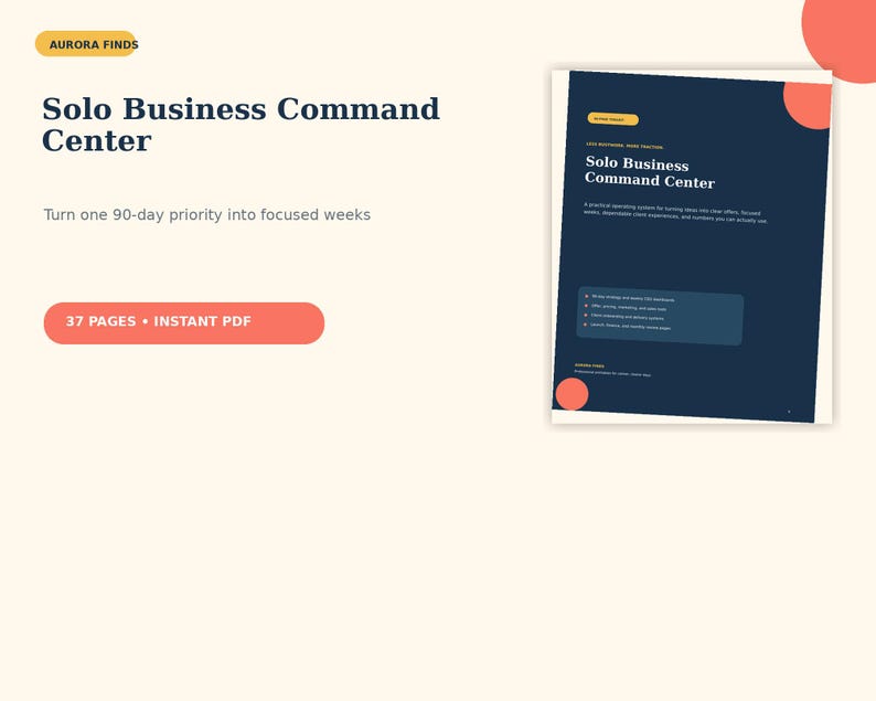 May include: A digital document titled Solo Business Command Center with 37 pages in PDF format. The cover features a dark blue background with white text, including the phrase Turn one 90-day priority into focused weeks and Aurora Finds.