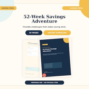 Puede incluir: Un documento PDF imprimible de 30 p&aacute;ginas titulado 52-Week Savings Adventure, con p&aacute;ginas de color azul oscuro y crema con detalles en amarillo y naranja. El texto incluye 52-Week Savings Adventure, 4 Savings Paths, 30 Pages, Instant Download y Pick Your Adventure.