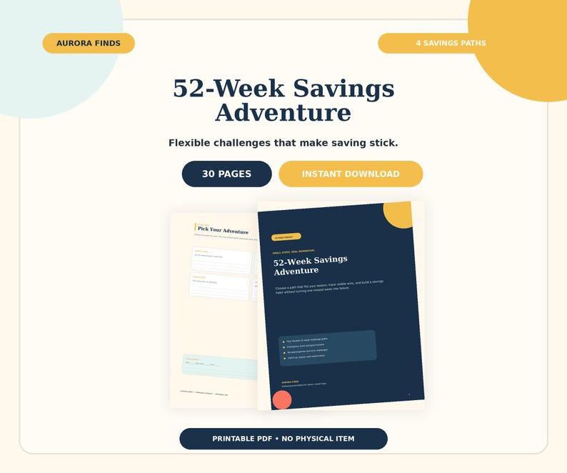 Puede incluir: Un documento PDF imprimible de 30 p&aacute;ginas titulado 52-Week Savings Adventure, con p&aacute;ginas de color azul oscuro y crema con detalles en amarillo y naranja. El texto incluye 52-Week Savings Adventure, 4 Savings Paths, 30 Pages, Instant Download y Pick Your Adventure.