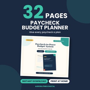K&ouml;nnte beinhalten: Ein 32-seitiger Gehaltsbudgetplaner mit dunkelblauem Hintergrund und t&uuml;rkisfarbenen Akzenten. Der Text lautet 32 PAGES PAYCHECK BUDGET PLANNER, Give every paycheck a plan, Paycheck-to-Peace Budget System, INSTANT DOWNLOAD und PRINT AT HOME.
