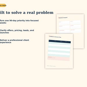 May include: A digital planning document titled Aurora Finds Built to solve a real problem, featuring three numbered points and two page templates labeled Business Snapshot and Problem-to-Outcome Map with light blue, pink, and dark blue accents.