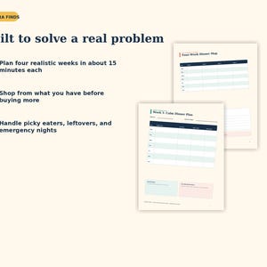 May include: A meal planning document titled Aurora Finds with the text Built to solve a real problem. It lists three steps for planning meals and displays two pages showing a Four-Week Dinner Map and a Week 1: Calm Dinner Plan with tables.