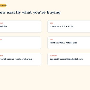 May include: An informational graphic titled Know exactly what you&rsquo;re buying by Aurora Finds. It lists product specifications: 1 PDF file, US Letter 8.5 x 11 in size, 60 pages, print at 100% actual size, personal use license, and support email address.
