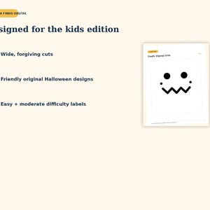 May include: A digital product page titled Aurora Finds Digital Designed for the kids edition. It lists three features: Wide, forgiving cuts, Friendly original Halloween designs, and Easy + moderate difficulty labels, with a Goofy Zigzag Grin graphic.