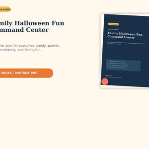 以下が含まれることがあります： Aurora Findsによる50ページのインスタントPDFデジタルプランナー「Family Halloween Fun Command Center」。ダークブルーの表紙に白い文字とオレンジ色のアクセントが施され、衣装やキャンディなどの計画セクションがリスト化されています。