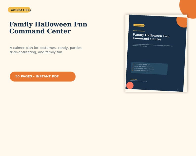 以下が含まれることがあります： Aurora Findsによる50ページのインスタントPDFデジタルプランナー「Family Halloween Fun Command Center」。ダークブルーの表紙に白い文字とオレンジ色のアクセントが施され、衣装やキャンディなどの計画セクションがリスト化されています。