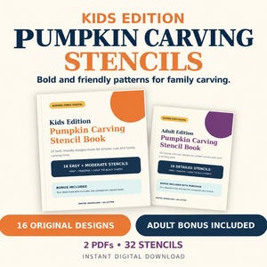 May include: Two digital pumpkin carving stencil books, one labelled Kids Edition and one Adult Edition. The covers feature orange and purple accents, text detailing 16 easy to moderate stencils and 16 detailed stencils, and a total of 32 stencils.