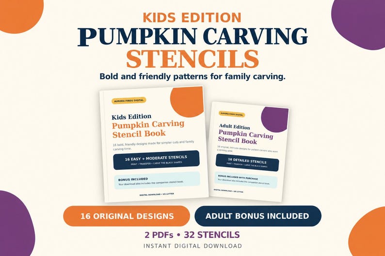 May include: Two digital pumpkin carving stencil books, one labelled Kids Edition and one Adult Edition. The covers feature orange and purple accents, text detailing 16 easy to moderate stencils and 16 detailed stencils, and a total of 32 stencils.