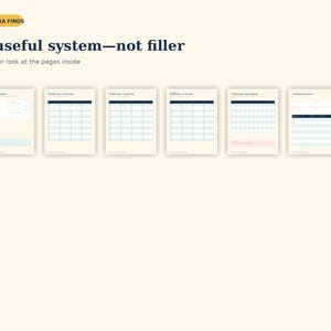 Puede incluir: Un dise&ntilde;o de planificador digital con seis plantillas de p&aacute;gina distintas con tablas y cuadr&iacute;culas. El texto dice AURORA FINDS, A useful system&mdash;not filler y A closer look at the pages inside. El dise&ntilde;o utiliza un fondo crema con texto azul.