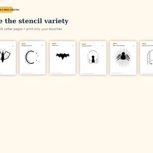 May include: A digital collection of six printable stencil designs on US Letter pages. The black and white graphics include a butterfly, crescent moon, bat, keyhole, spider, and garden arbor. The text reads Aurora Finds Digital and See the stencil variety.