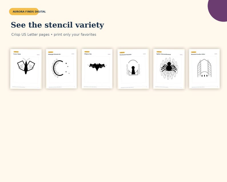 May include: A digital collection of six printable stencil designs on US Letter pages. The black and white graphics include a butterfly, crescent moon, bat, keyhole, spider, and garden arbor. The text reads Aurora Finds Digital and See the stencil variety.