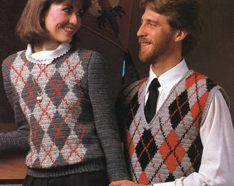 Crocheted Argyle Sweaters & Vests for Men and Women Vintage Pattern Book