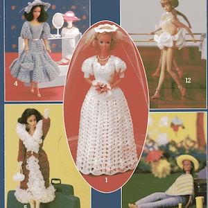 May include: Crocheted doll clothes patterns, including a wedding dress, a travel coat, a ballerina outfit, and a casual outfit. The patterns are from Leisure Arts Leaflet 268.