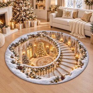 May include: A round area rug featuring a 3D optical illusion print of a grand staircase descending into a festive hall. The design includes snow-covered railings, pine garlands, white poinsettias, golden ornaments, and a central Christmas tree.
