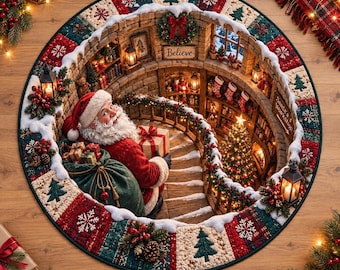 3D Santa Workshop Christmas Rug, Round Optical Illusion Floor Mat, Holiday Home Decor