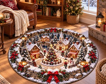 Alfombra redonda 3D con diseño de pueblo navideño, alfombra de felpa para el suelo, decoración personalizable para la sala de estar.