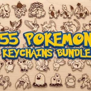 May include: A collection of 55 light-colored wooden keychains featuring various engraved cartoon creature designs. The text 55 POKEMON KEYCHAINS BUNDLE is displayed in large blue and yellow letters in the center of the arrangement of items.