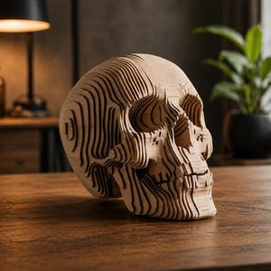 May include: A three-dimensional skull sculpture constructed from stacked layers of light-coloured wood. The object features a distinct topographical, sliced design that reveals the anatomical structure of a human cranium through horizontal wooden segments.