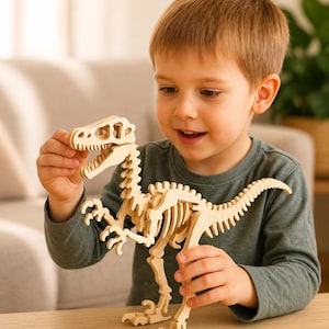 Pode incluir: Um modelo de esqueleto de dinossauro em madeira clara com crânio, caixa torácica e cauda detalhados. A estrutura é montada a partir de peças de madeira planas e interligadas, exibindo uma postura bípede com membros articulados e garras afiadas.
