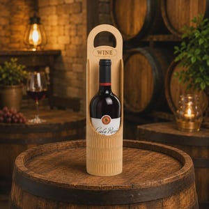 Puede incluir: Un portabotellas de vino de madera clara con un asa vertical y un panel frontal recortado. La palabra WINE está grabada cerca de la parte superior. Una botella de vidrio oscuro con una etiqueta blanca que dice Cala Rossi se encuentra dentro.