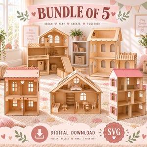 Könnte beinhalten: Ein Bündel von fünf Puppenhaus-Designs aus Holz mit verschiedenen architektonischen Stilen, darunter mehrstöckige Strukturen mit Balkonen, Rundbogenfenstern und Inneneinrichtungen. Der Text BUNDLE OF 5, DIGITAL DOWNLOAD und SVG ist sichtbar.