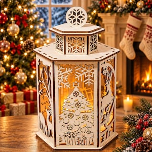 May include: A hexagonal wooden lantern featuring intricate laser-cut designs of a Christmas tree, reindeer, and snowflakes. The white panels are illuminated from within, casting a warm glow through the cutouts, topped with a circular snowflake finial.