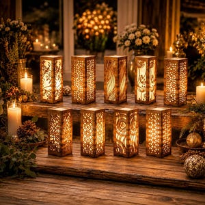 Può includere: Una collezione di nove lanterne rettangolari in legno con intricati motivi tagliati al laser, ciascuna illuminata dall'interno da una luce calda. Le lanterne presentano vari disegni geometrici, floreali e a spirale su una superficie.