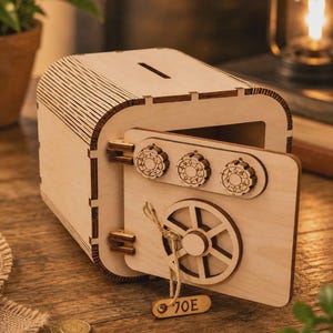 Op de afbeelding: Een lichtgekleurde houten spaarpot in de vorm van een kleine kluis. Het heeft een scharnierende deur met een ronde wielhendel, drie decoratieve draaiknoppen en een gleuf aan de bovenkant voor munten. Een houten label draagt de inscriptie 70E.