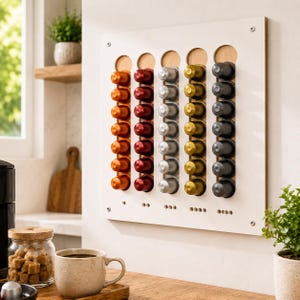 May include: A white rectangular wall-mounted coffee pod holder featuring five vertical slots. Each slot contains seven coffee capsules in orange, dark red, silver, gold, and black colors. The board is secured with four silver screws at the corners.
