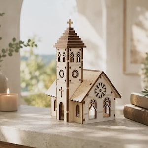 Könnte beinhalten: Ein lasergeschnittenes Holzmodell einer Kirche mit einem hohen zentralen Turm, der von einem Kreuz gekrönt wird, sowie Bogenfenstern und kreisförmigen Rosettenfenstern. Die Struktur besteht aus hellem Holz mit dunkelbraunen Akzenten am Dach.