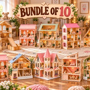 May include: A collection of ten miniature wooden dollhouses featuring multi-story designs, interior lighting, and various architectural styles including gabled roofs, balconies, and staircases, with a sign reading BUNDLE OF 10 displayed above.