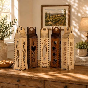 Può includere: Cinque alte scatole regalo rettangolari in legno per vino con design tagliati al laser. Le scatole presentano vari motivi, tra cui curve astratte, un cuore con il testo I LOVE YOU e il testo HAPPY BIRTHDAY, tutte con manici integrati.