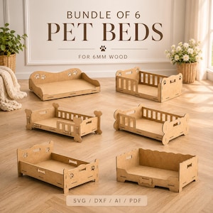 Pode incluir: Um conjunto de 6 camas para animais de estimação feitas de madeira de 6 mm, com vários designs com recortes de patas e ossos. O texto BUNDLE OF 6 PET BEDS FOR 6MM WOOD e SVG / DXF / AI / PDF é visível. São estruturas de madeira em kit.