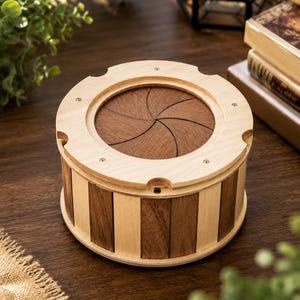 Puede incluir: Una caja redonda de madera con un borde superior claro y una pared lateral compuesta por listones verticales de madera clara y oscura alternados. La tapa tiene un mecanismo de apertura tipo iris con pétalos de madera oscura en espiral.