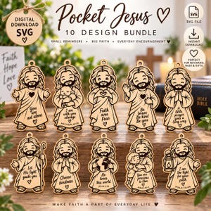 May include: A digital download SVG bundle featuring 10 wooden-style ornaments of a cartoon Jesus. Each ornament displays a unique pose and inspirational text, such as You are not alone, Faith over Fear, and I am the light for your path.