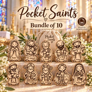 May include: A digital download bundle of 10 wooden-style Pocket Saints figures featuring illustrations of Mary, St. Joseph, St. Peter, St. Paul, St. Francis, St. Anthony, St. Nicholas, St. Patrick, St. George, and St. Therese with a drawstring bag.