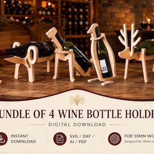 Puede incluir: Un conjunto de cuatro botelleros de madera clara con formas de animales, incluyendo un perro, una jirafa, un pingüino y un ciervo. El texto dice BUNDLE OF 4 WINE BOTTLE HOLDERS, DIGITAL DOWNLOAD, INSTANT DOWNLOAD, SVG / DXF / AI / PDF y FOR 10MM WOOD.