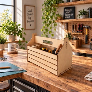 Puede incluir: Un organizador de herramientas de madera de color claro con un asa central y laterales de listones, que presenta una base rectangular y una parte superior abierta. El organizador está construido con juntas visibles en las esquinas y contiene herramientas.