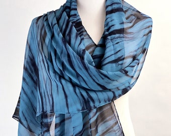 Blue Silk Scarf, Shibori Chiffon Shawl/Wrap | Artful Scarf | Wedding Shawl