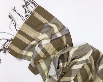 Handgewebter gelber Schal, Gestreifter Schal, Unisex Schal, langer Schal aus Baumwolle