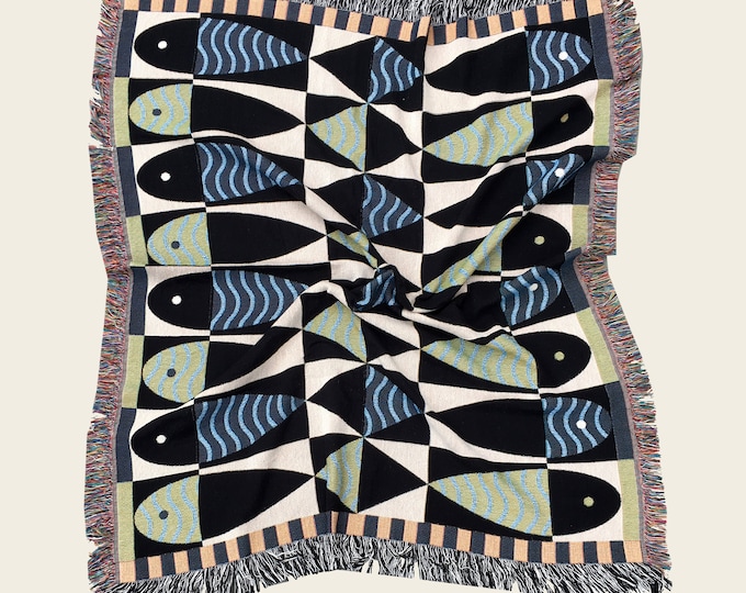 Sardine Fish Throw Blanket: Modern Woven Cotton, Beach Picnic