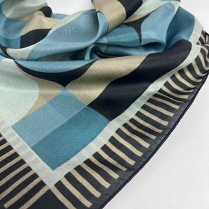 Modern Silk Scarf Square Deco Bandana Gift for Her Circles Neck Scarf in Blue Womens Gift image 3