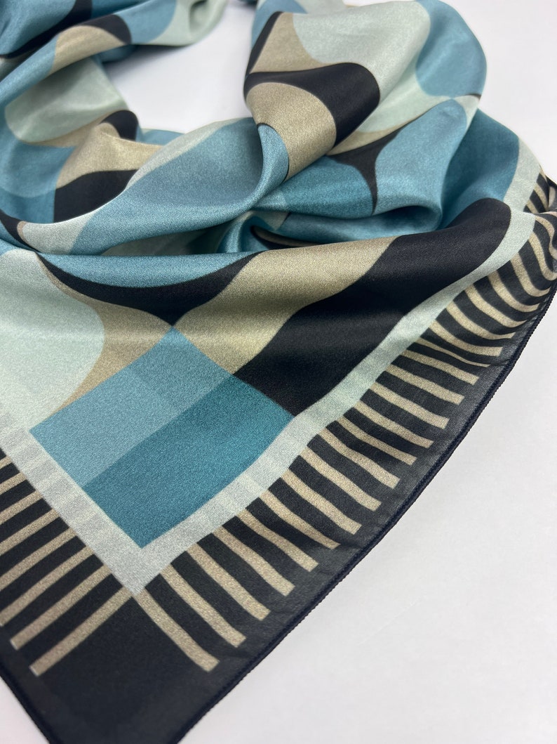 Modern Silk Scarf Square Deco Bandana Gift for Her Circles Neck Scarf in Blue Womens Gift image 3