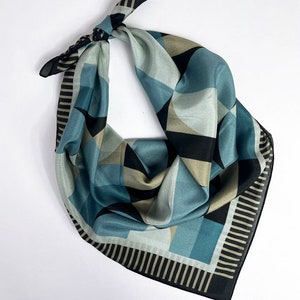 Modern Silk Scarf Square Deco Bandana Gift for Her Circles Neck Scarf in Blue Womens Gift image 2