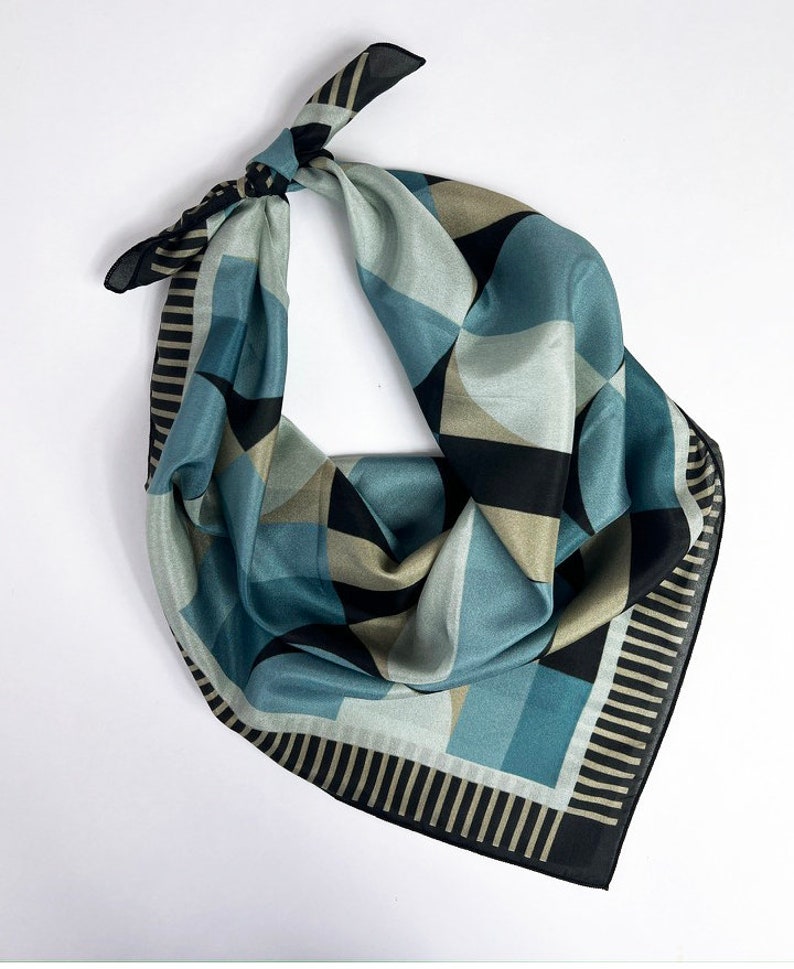 Modern Silk Scarf Square Deco Bandana Gift for Her Circles Neck Scarf in Blue Womens Gift image 2