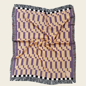 Modern Woven Throw Blanket Checked Blanket Cottage Throw Blanket Geometric Sofa Throw in Peach and Lavender image 2