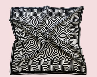 Black and White Silk Scarf Square Modern Geometric Scarf Gift for Her