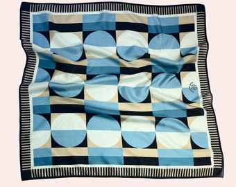 Modern Silk Scarf Square Deco Bandana Gift for Her Circles Neck Scarf in Blue Womens Gift