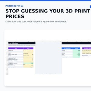 Könnte beinhalten: Eine digitale Tabellenkalkulation mit dem Titel PrintProfit V3 Excel Toolkit zur Preisberechnung für 3D-Drucke. Das Layout enthält einen Preisrechner, eine Kostenaufschlüsselung und einen Verpackungsauswähler mit Eingabefeldern.